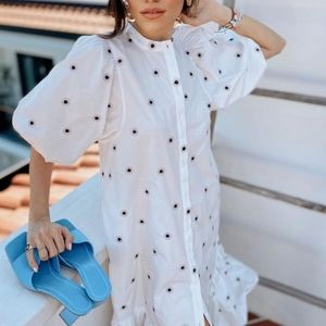 Zara | White Midi Dress Puff Sleeves Floral Embroidery Ruffled Size L